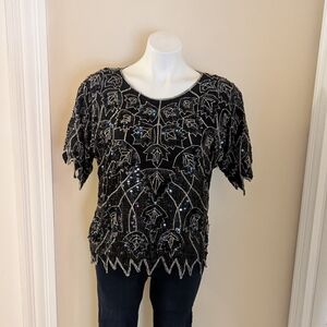 Vintage Royal Flings silk black sequin top size M